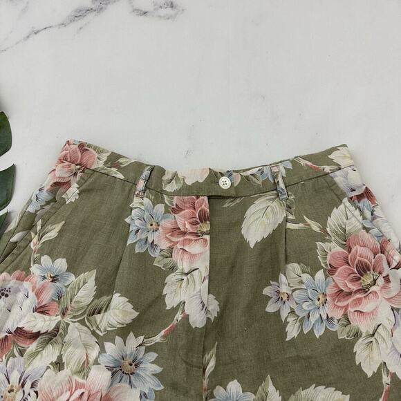 Evan Picone Womens Vintage 90s Linen Shorts Size 6 Green Pink Floral Pleated - Picture 2 of 9
